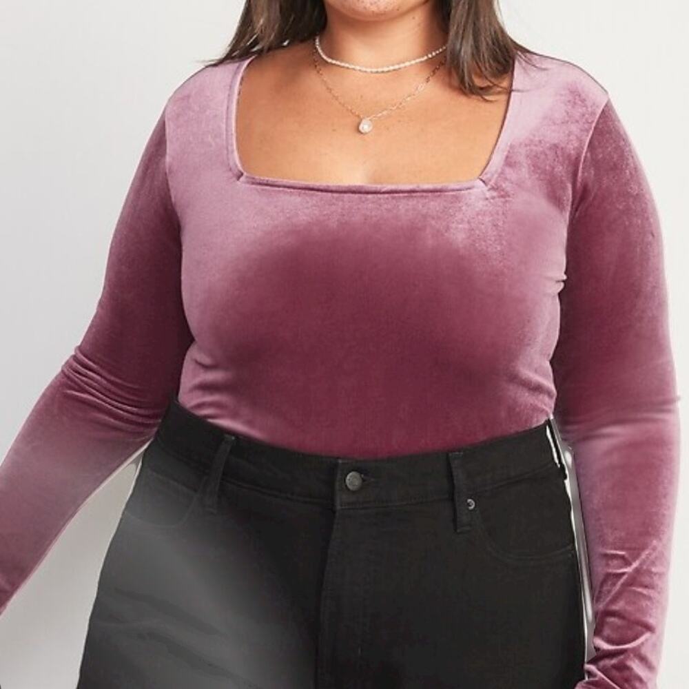 Old Navy Velvet Square‎ Neck Bodysuit Long Sleeve L Rose Pink Top